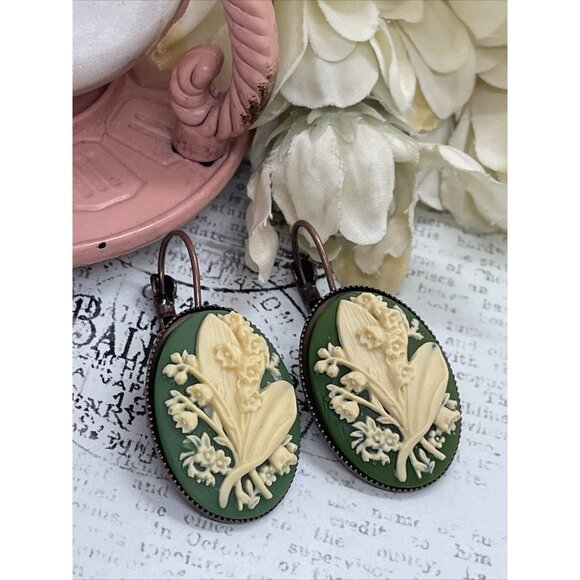 Rose Gold Green Tan Lily Of Valley Setting Anniversary Earring Cameo Birthday - Picture 3 of 11